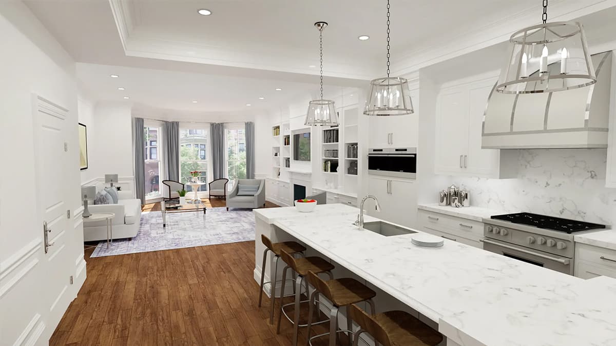 Architectural digital rendering of a residential kitchen and living space with custom cabinetry, millwork, and coordinated interior detailing