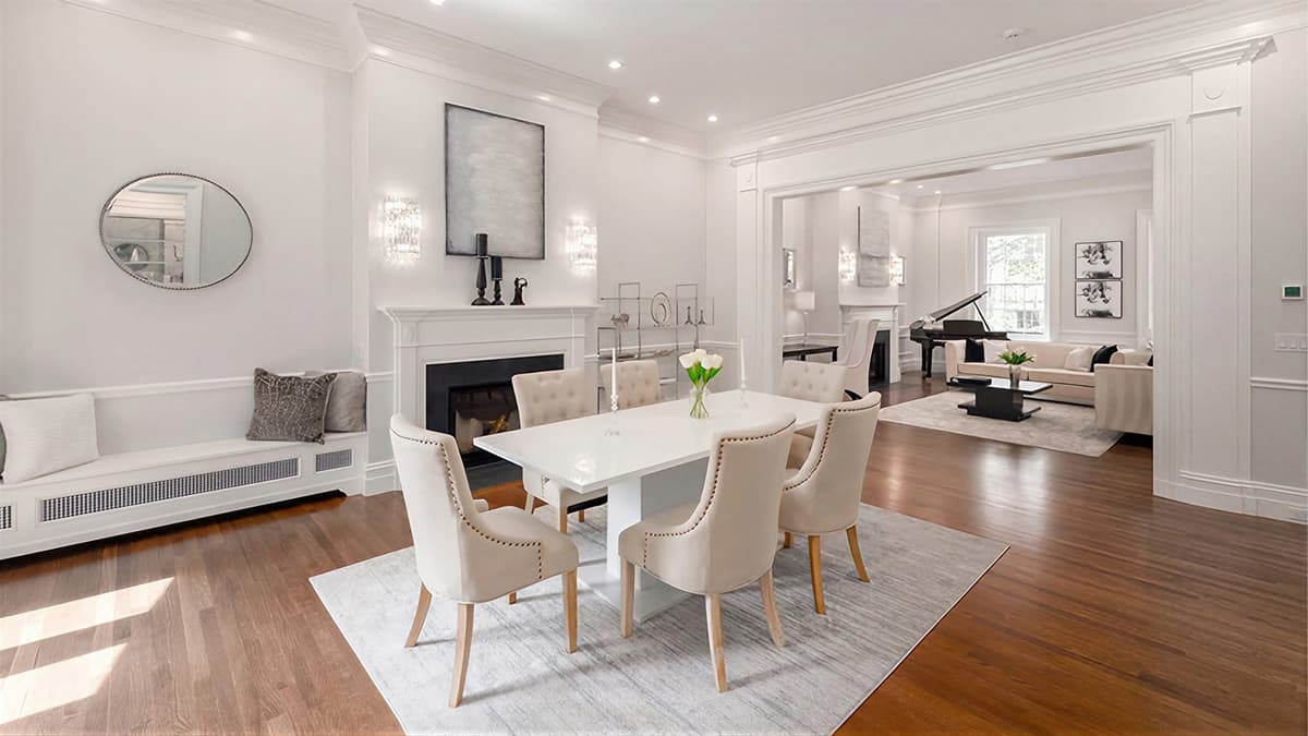 Interior dining and living spaces at the Chestnut Street Residence in Boston with custom millwork, fireplaces, and refined architectural detailing
